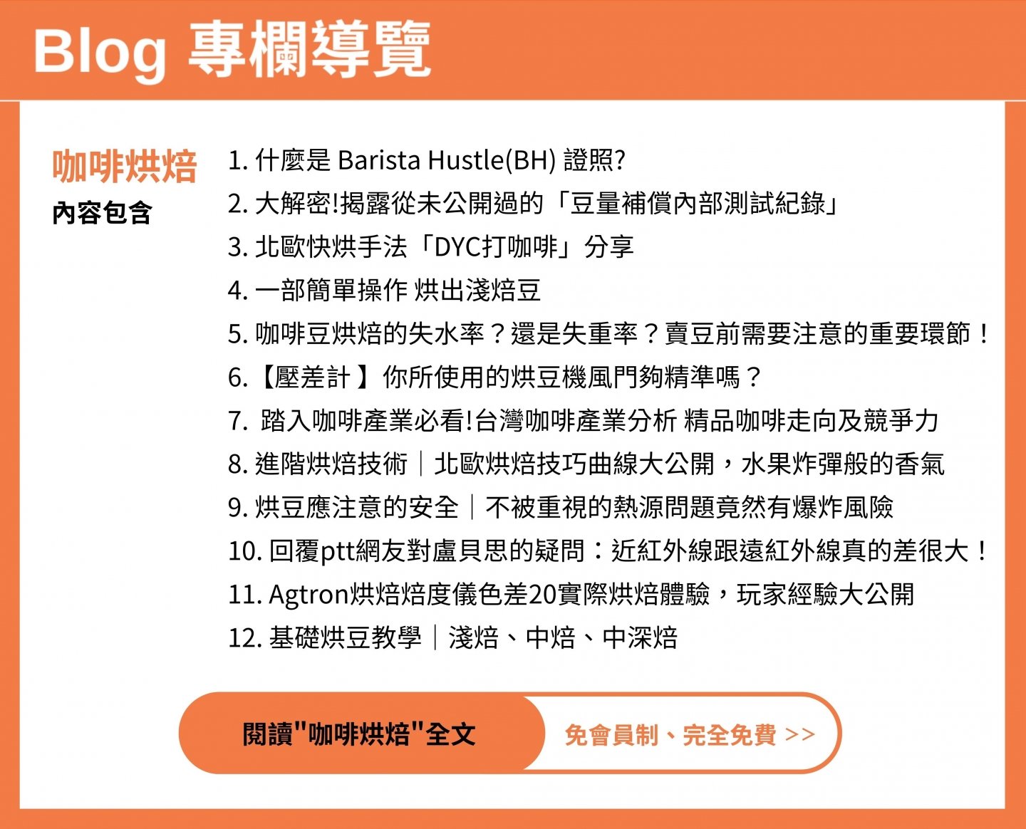 ”咖啡blog文章內容包含咖啡證照考取和北歐快烘手法解析和簡單操作烘出淺焙豆和咖啡豆烘焙的失水率或失重率和台灣咖啡產業分析和精品咖啡競爭和北歐烘焙技巧曲線和烘豆熱源Agtron烘焙焙度儀”