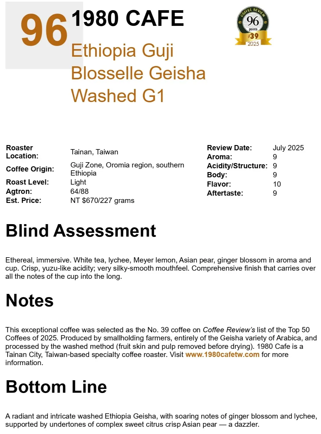 Coffee Review Ethiopia Guji Blosselle Geisha By 1980 Cafe Taiwan Page 0001