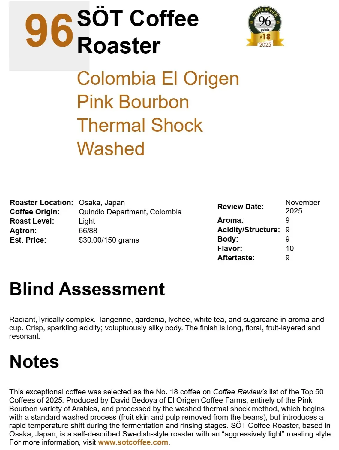 Coffee Review Colombia El Origen Pink Bourbon By Sot Coffee Roaster Japan Page 0001